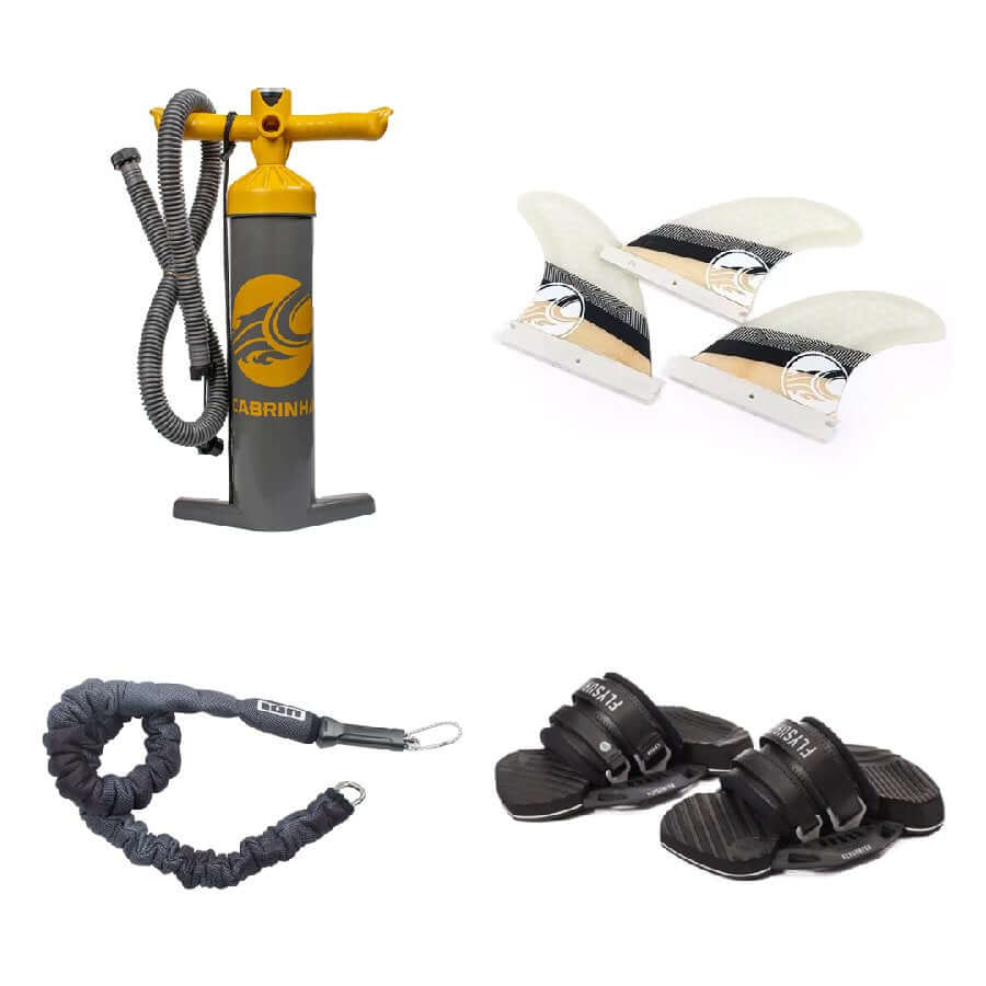 Wassersportzubehör: Pumpe, Finnen, Leash und Bindungen für Surf- und Kitesport.