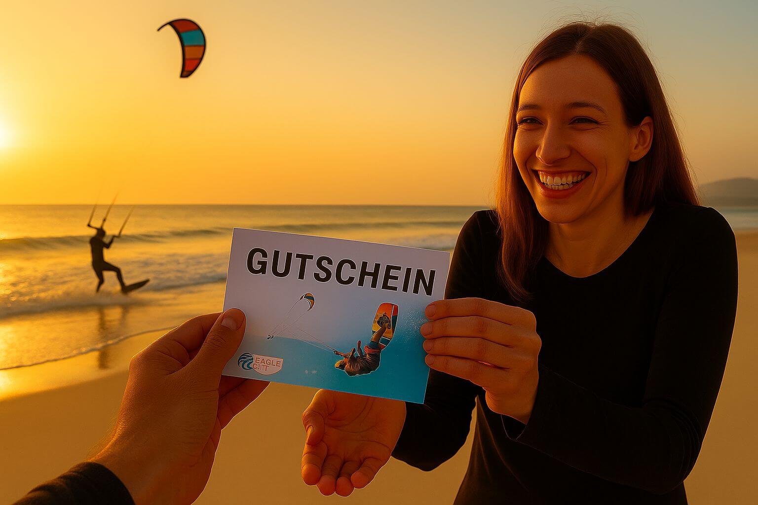 Freudige Frau überreicht Gutschein für Kitesurfen am Strand, während ein Kitesurfer im Hintergrund fliegt.