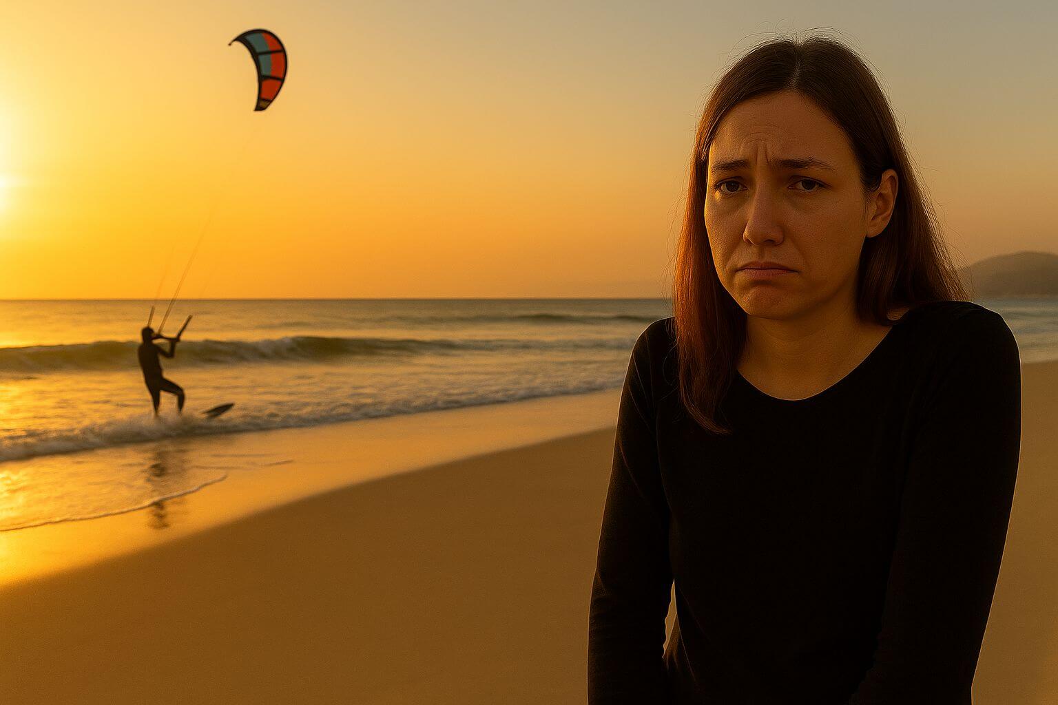 Enttäuschte Frau am Strand mit Kitesurfer im Hintergrund bei Sonnenuntergang; Emotionen beim Wassersport.