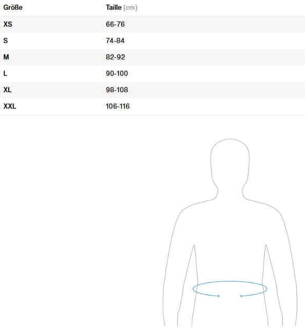 ION Größentabelle mit Taillenumfang für XS bis XXL, Maße in cm für die Auswahl des richtigen Trapezes.