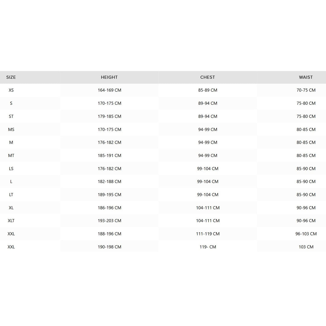 Größentabelle Mystic Tops und Bottoms für Herren und Unisex.