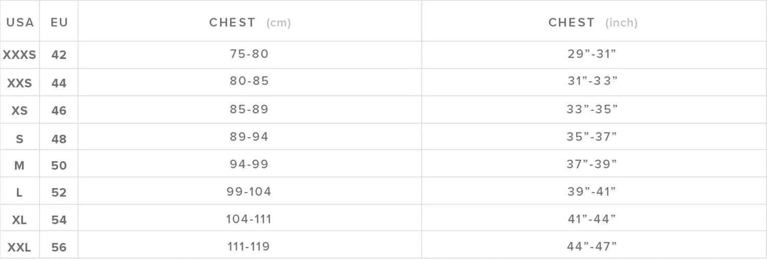 Größentabelle Mystic Westen für Herren und Unisex.