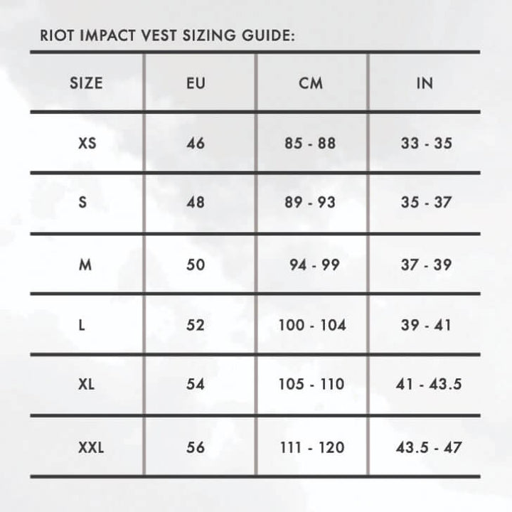 AK IMPACT VEST CONTACT 2024 – Weste - Größentabelle