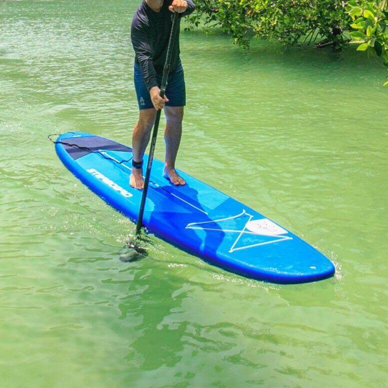 Person beim Stand-Up-Paddling auf einem blauen Board in ruhigem, grünem Wasser.