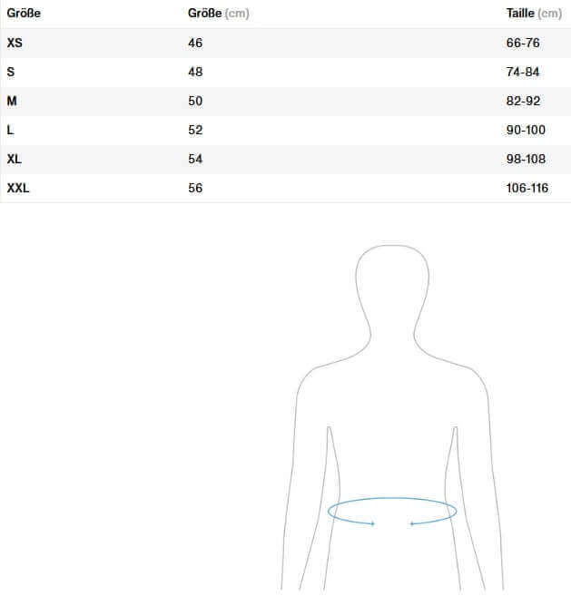 Größentabelle mit Kleidergrößen XS bis XXL und passenden Taillenmaßen in cm.