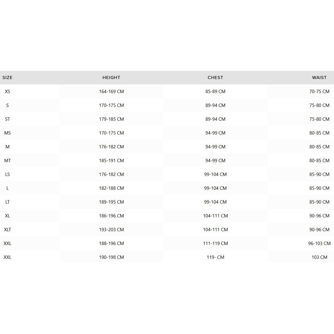 Größentabelle Mystic Neoprenanzüge für Herren.