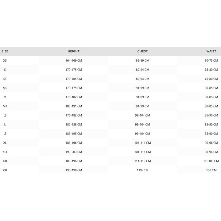 Größentabelle Mystic Neoprenanzüge für Herren.