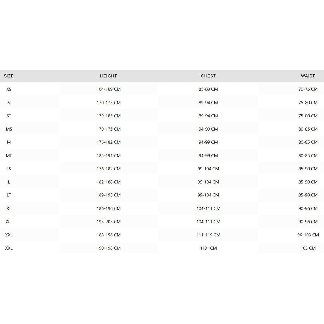 Größentabelle Mystic Tops und Bottoms für Herren/Unisex.