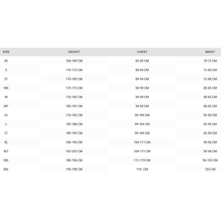 Größentabelle Mystic Tops und Bottoms für Herren/Unisex.