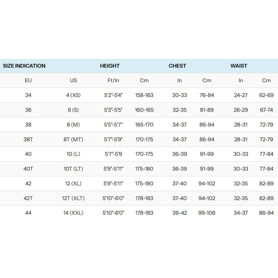 Größentabelle Neilpryde NP Neoprenanzüge Damen.