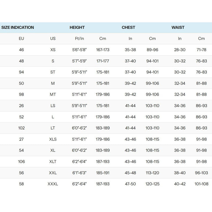 Größentabelle Neilpryde NP Neoprenanzüge Herren.