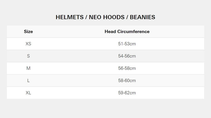 Neilpryde NP Grössentabelle – Helme, Hauben, Beanies, Mützen
