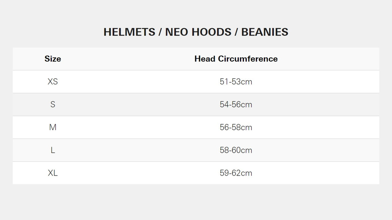 Neilpryde NP Grössentabelle – Helme, Hauben, Beanies, Mützen